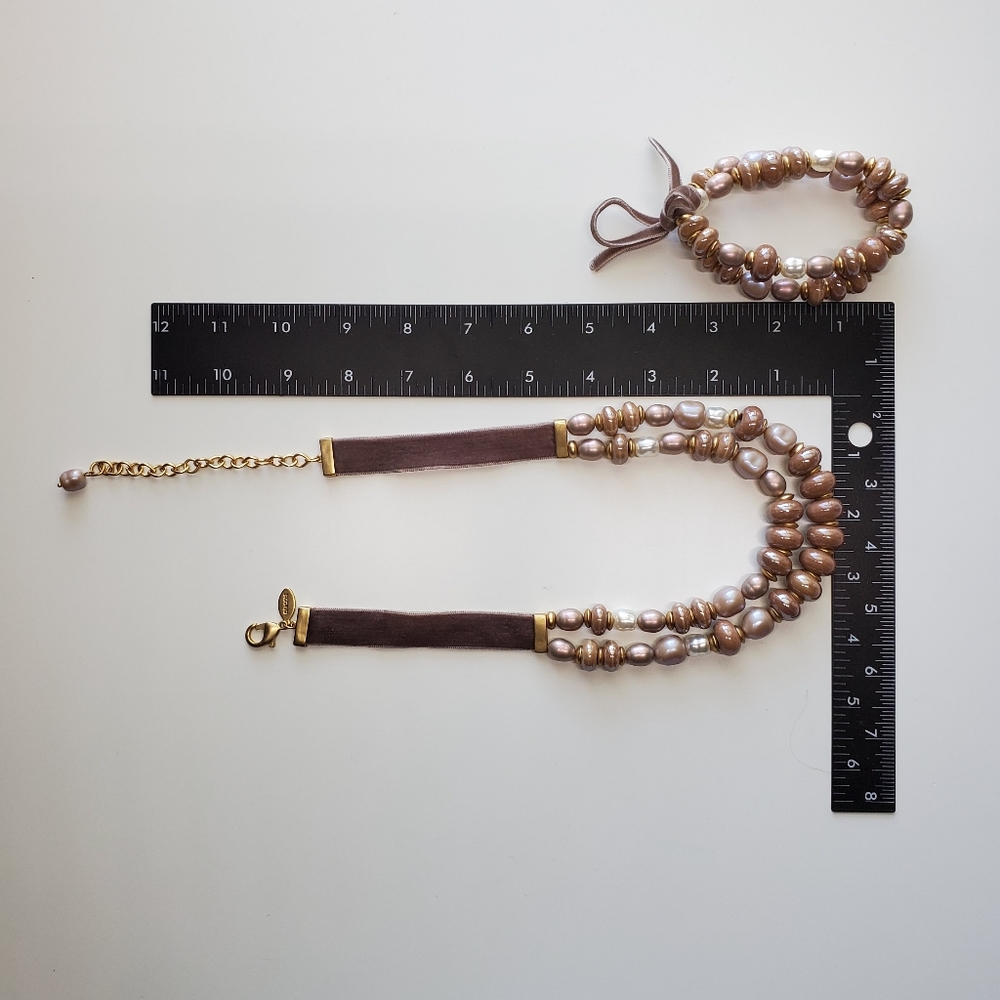 Chico's Taupe Cappuccino Two-Strand Faux Pearl Necklace and Stretch Bracelet Set - Picture 3 of 15